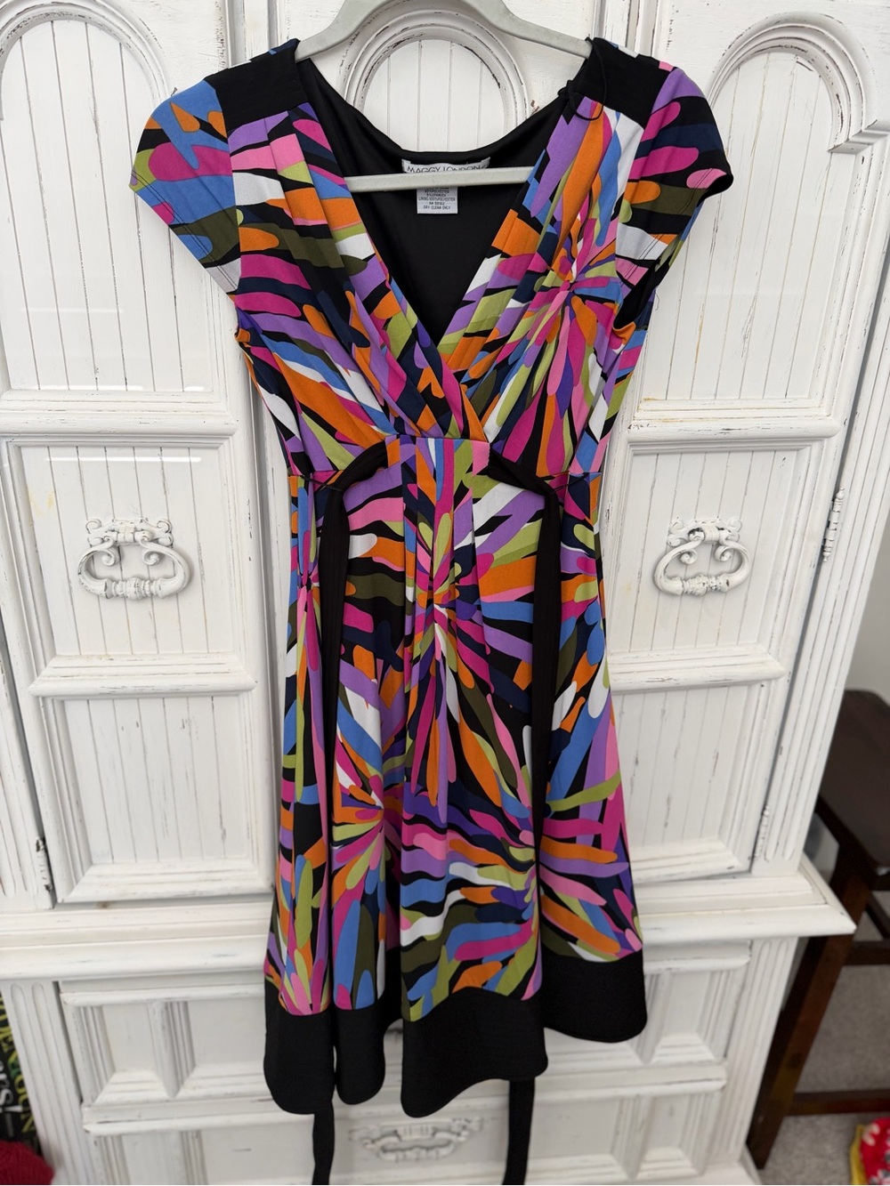 Maggy London Black Multicolor Abstract Wrap-Style Midi Dress